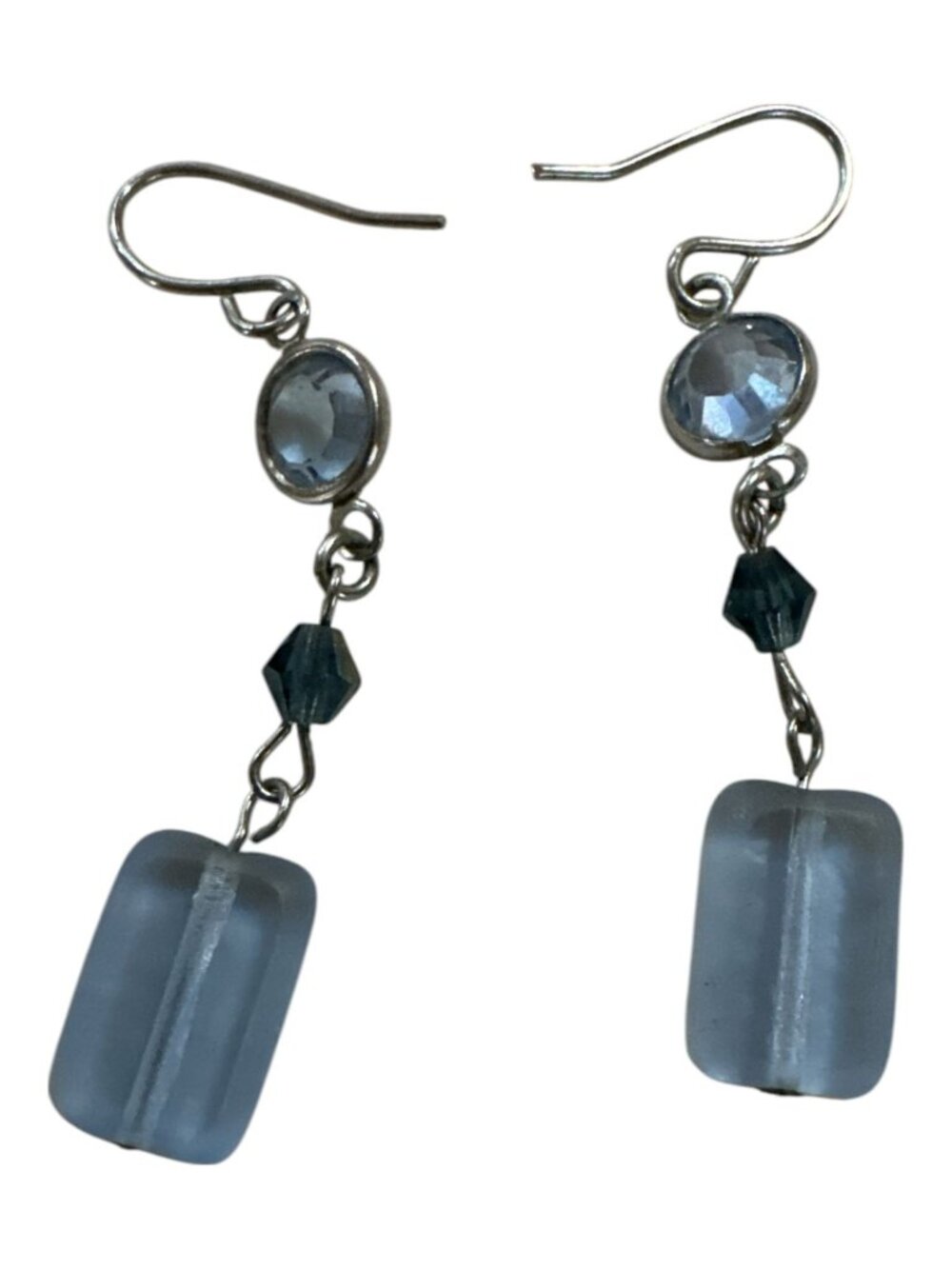 Blue Glass Drop Earrings With Faceted Crystal Accents On Silver Hooks